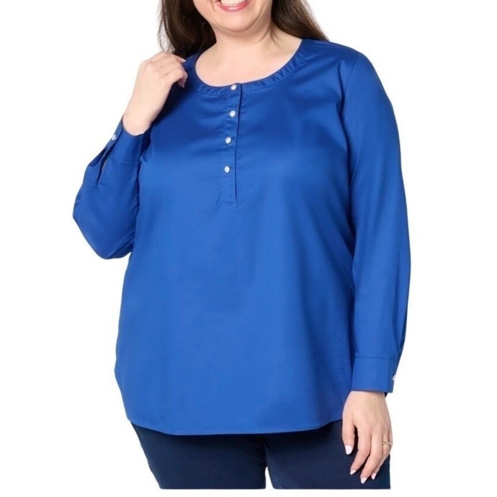 Denim & Co Womens 4X Royal Blue Button Neck Long Sleeve Henley Tunic Top Blouse